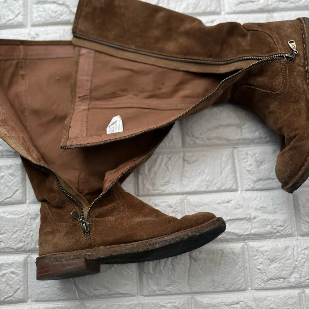 Women Ugg Boots Sz 7 Wilder Tall Brown Suede Side Zip 1008967 Stitch Australia